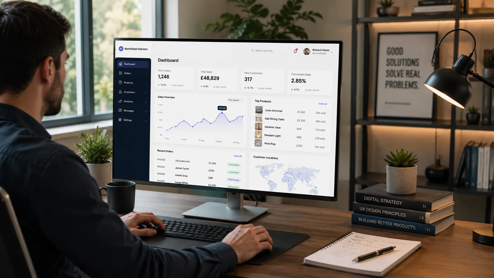 Business user working with a digital dashboard and management system.